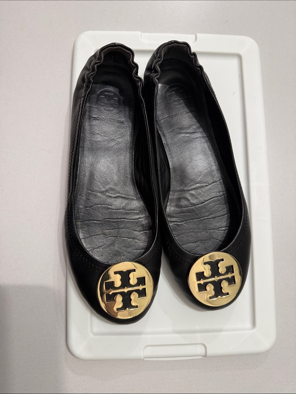 Tory Burch Black Leather Minnie Flats with Gold Logo